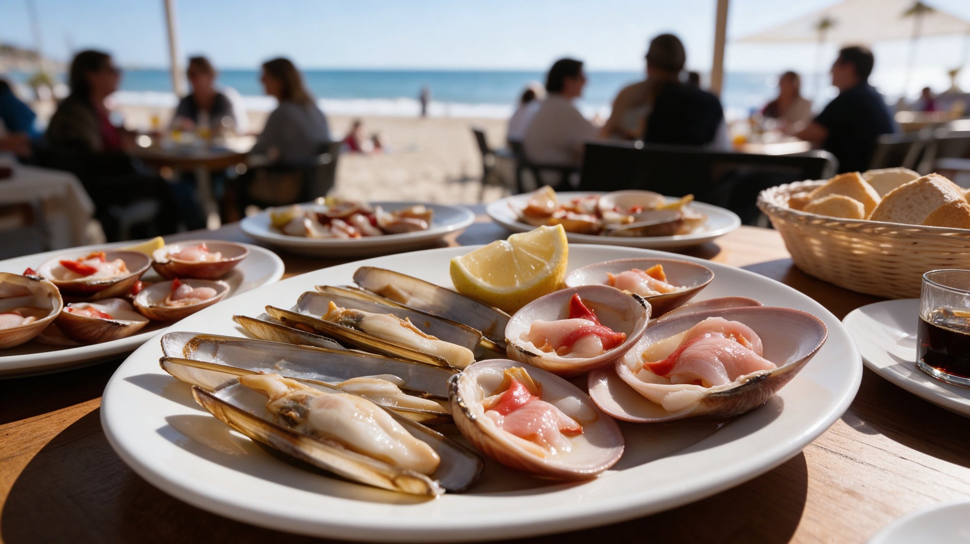 Mesa de marisco en restaurante de playa con platos de conchas, navajas, gambas y limón a luz del mediodía