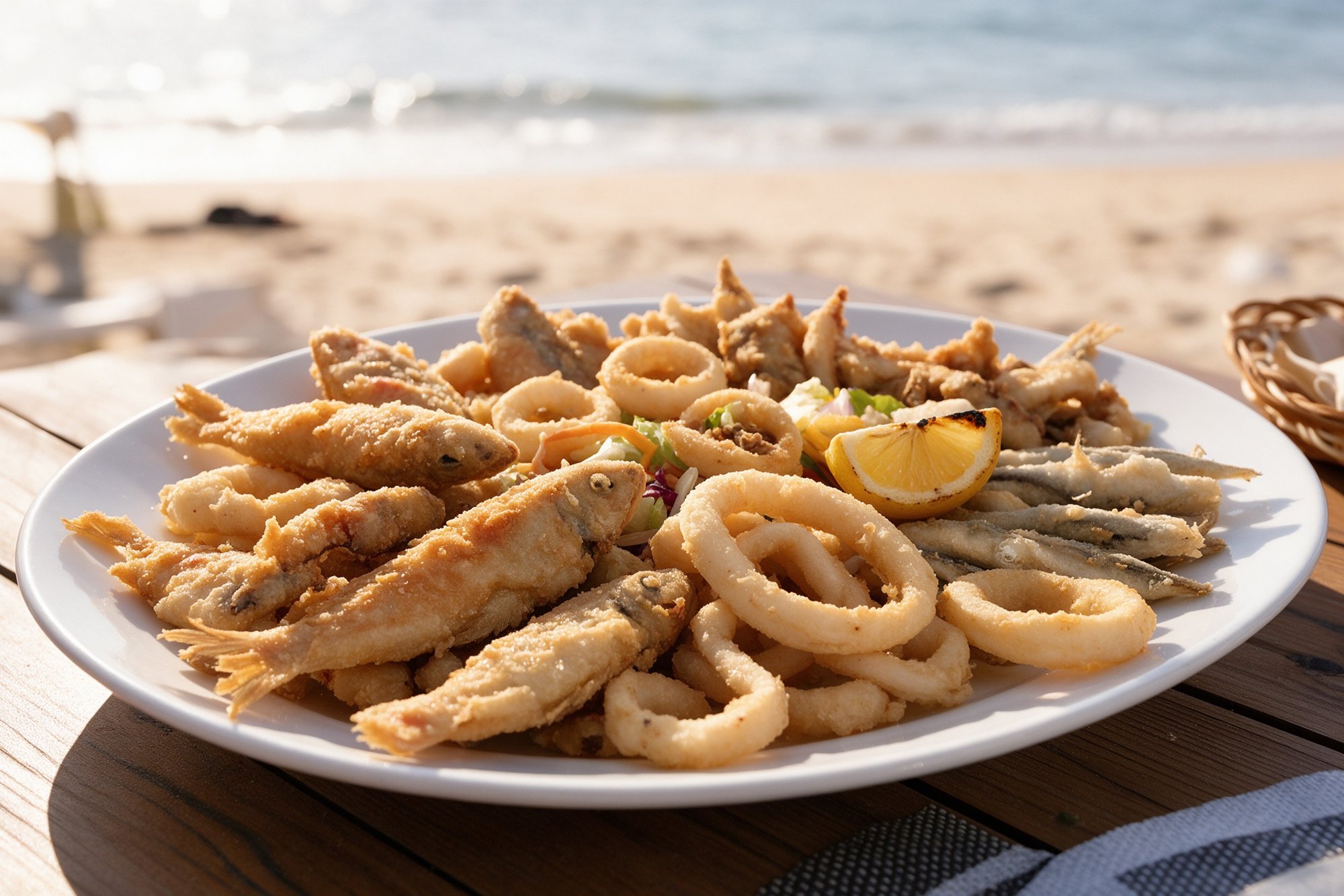 Gran fuente blanca de fritura malagueña con pescado pequeño, calamares y boquerones fritos y limón