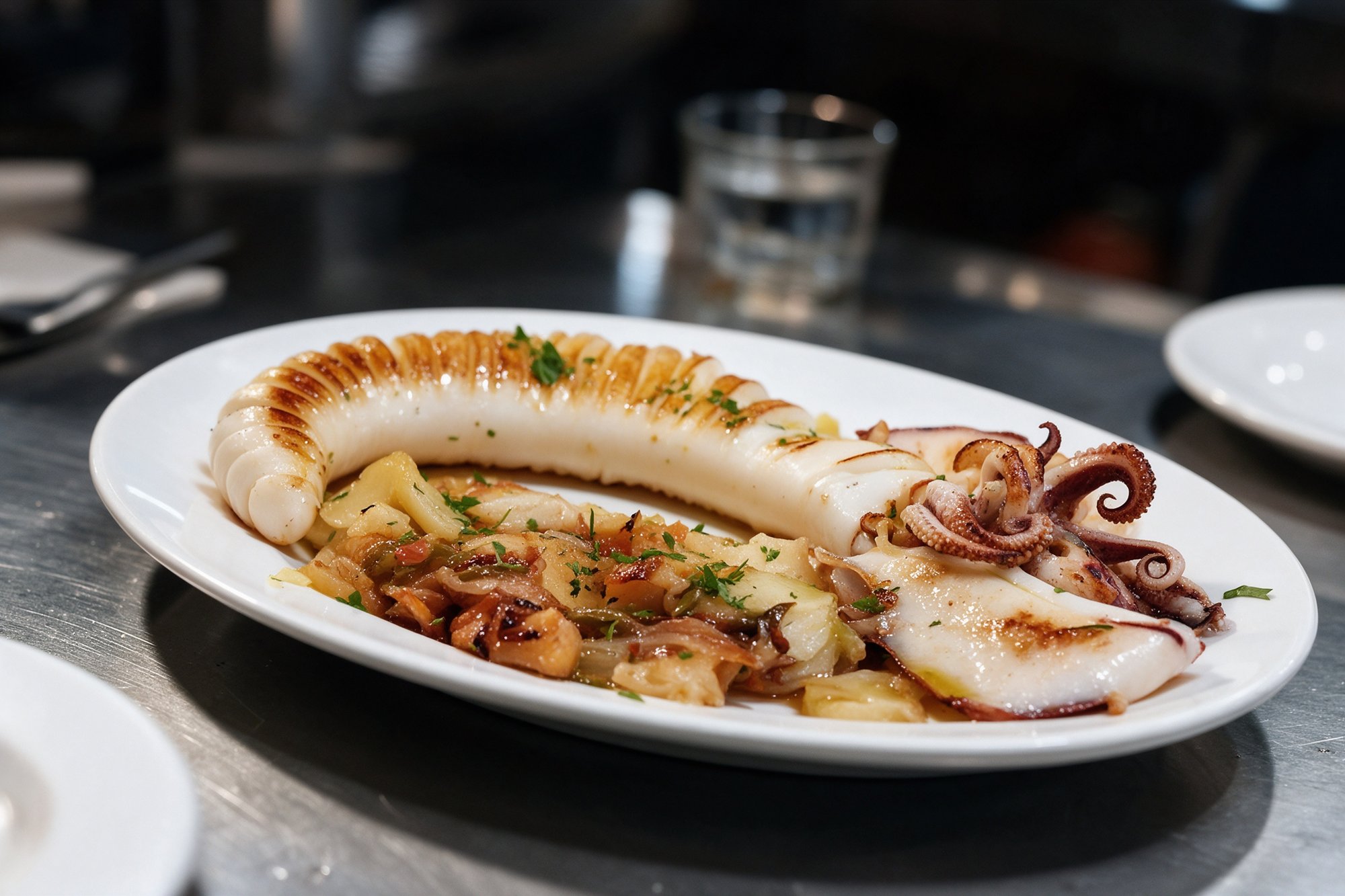 Calamar entero a la plancha con marcas de parrilla sobre verduras en plato ovalado blanco